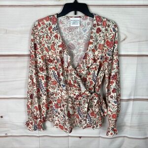 Bohera Top Womens S Floral Wrap Blouse Long Sleeve Ruffle Neck Tie Waist‎ Woven